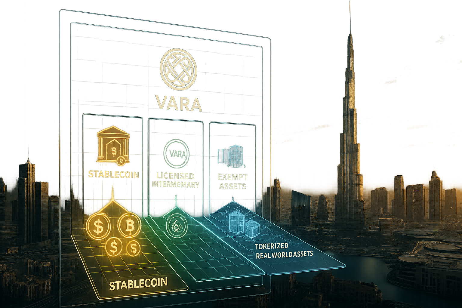 Dubai Virtual Assets Regulatory Authority (VARA) issues detailed guidance on RWAs and stablecoins - Hero image showing futuristic Dubai skyline with holographic regulatory framework