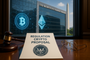 SEC cryptocurrency regulation proposal document with blockchain visualization