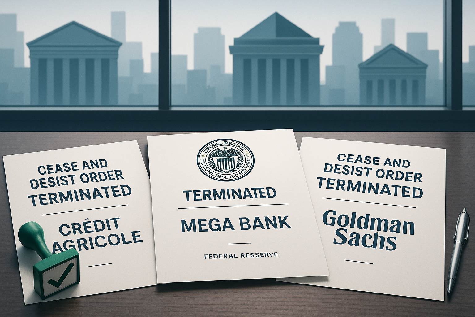 Federal Reserve terminates enforcement actions with major global banks including Crédit Agricole and Goldman Sachs - Hero image showing regulatory documents being signed