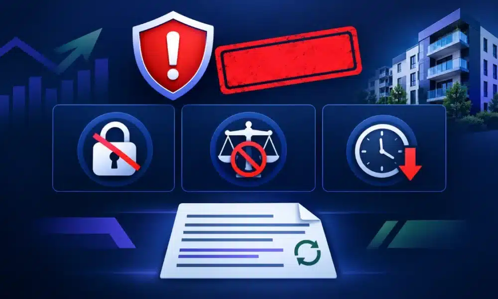 Illustration of a red warning shield beside a blank stamp, above icons for no compensation cover, no ombudsman and late repayments, with a contract showing a rollover symbol