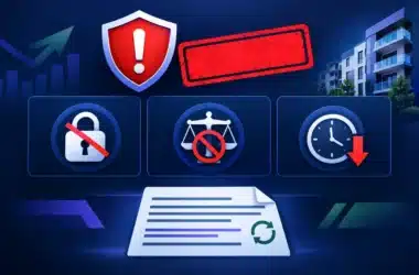 Illustration of a red warning shield beside a blank stamp, above icons for no compensation cover, no ombudsman and late repayments, with a contract showing a rollover symbol