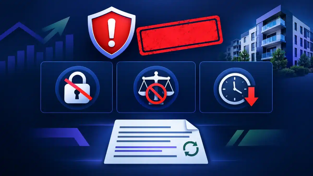Acorn Property Invest Review: FCA Warning, Late Repayments and What Investors Should Check 4 Illustration of a red warning shield beside a blank stamp, above icons for no compensation cover, no ombudsman and late repayments, with a contract showing a rollover symbol