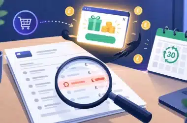 A card statement under a magnifying glass with one recurring charge highlighted, a glowing cashback pop-up above it and a calendar marking a 30-day renewal