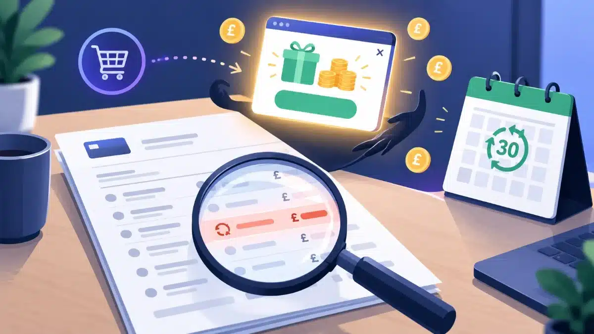 Complete Savings Review 2026: Is the Cashback Club Worth Its Monthly Fee? 4 A card statement under a magnifying glass with one recurring charge highlighted, a glowing cashback pop-up above it and a calendar marking a 30-day renewal