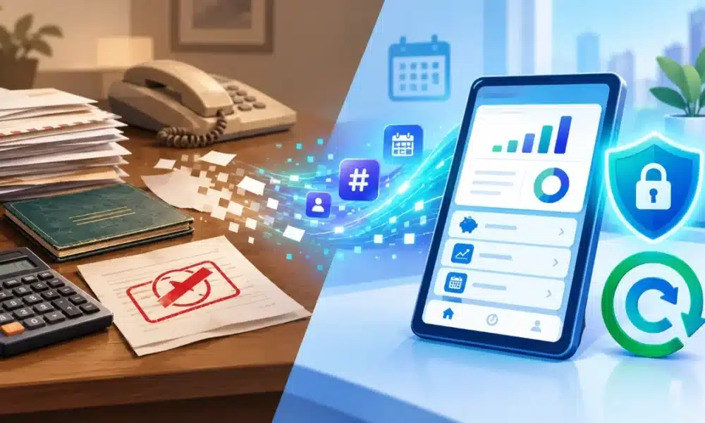 Illustration of paper savings letters, a passbook and a landline phone on a desk turning into a digital banking app with a security shield, showing a bank moving savers to new online services