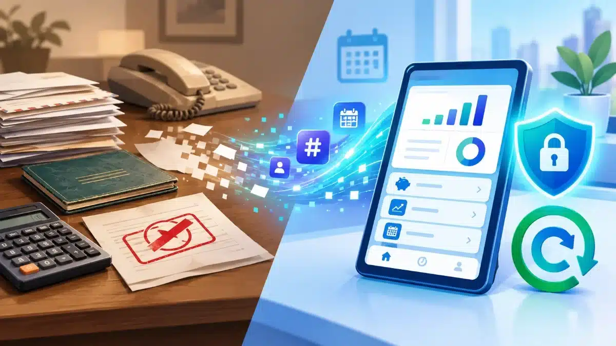 Charter Savings Bank's New Online Services: 9 Changes to Check Before Your Account Moves 4 Illustration of paper savings letters, a passbook and a landline phone on a desk turning into a digital banking app with a security shield, showing a bank moving savers to new online services