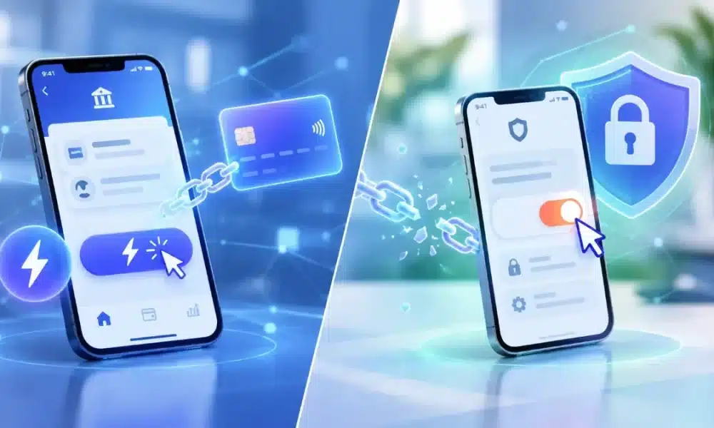 Two phones side by side: one linked to a payment card by a glowing chain for one-click checkout, the other with the chain broken and an opt-out toggle switched off beside a security shield