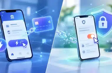 Two phones side by side: one linked to a payment card by a glowing chain for one-click checkout, the other with the chain broken and an opt-out toggle switched off beside a security shield