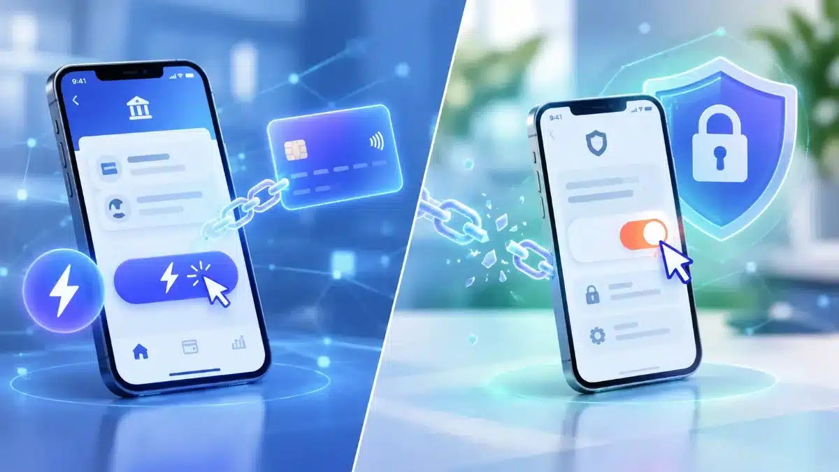 Barclays Is Switching On Click to Pay: How to Opt Out, and Is It Safe? 4 Two phones side by side: one linked to a payment card by a glowing chain for one-click checkout, the other with the chain broken and an opt-out toggle switched off beside a security shield