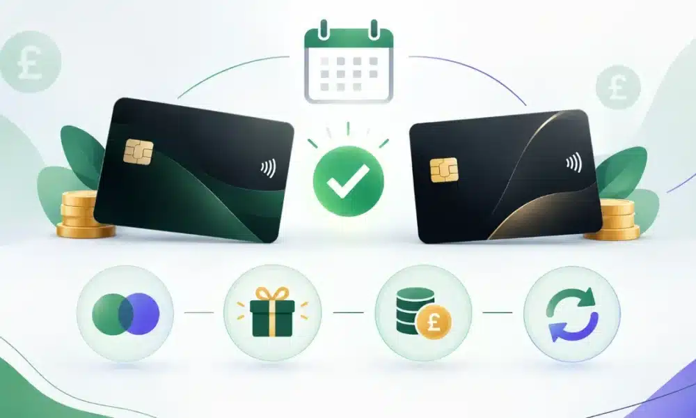 Two dark bank cards side by side with a green tick between them, above icons for interest, a gift, fees and direct debits