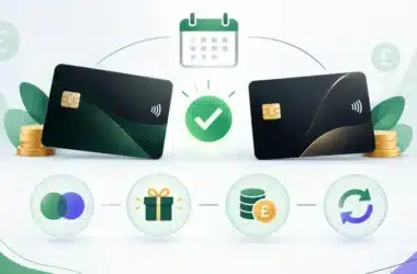 Two dark bank cards side by side with a green tick between them, above icons for interest, a gift, fees and direct debits