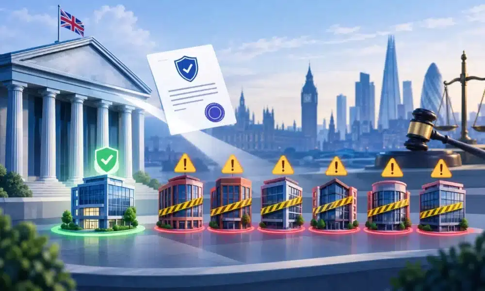 Illustration of a regulator building beside six office buildings wrapped in yellow warning tape, with the London skyline behind