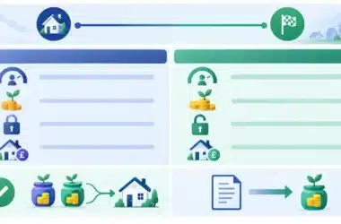 Illustration comparing the Lifetime ISA and the new First Time Buyer ISA, with a timeline from today to April 2029, savings pots and a house