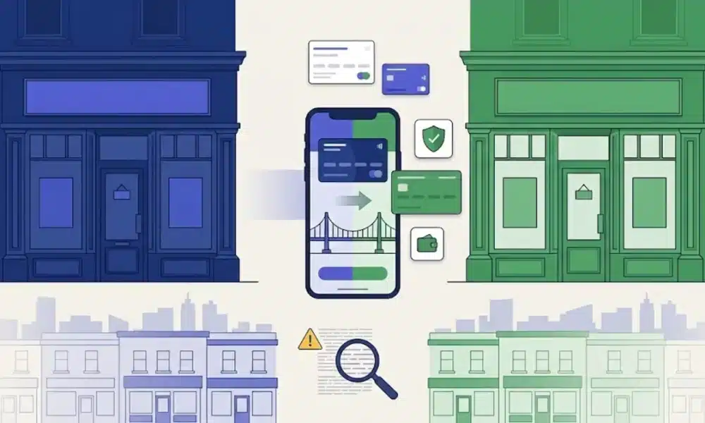 Split illustration of a blue high-street bank branch and a green one, with a phone in the middle moving a banking app across, a shield, cards and a magnifying glass over fine print
