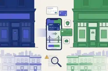 Split illustration of a blue high-street bank branch and a green one, with a phone in the middle moving a banking app across, a shield, cards and a magnifying glass over fine print