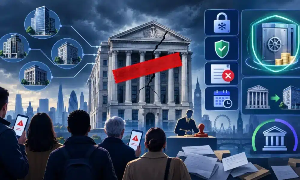 Illustration of a cracked stockbroker headquarters with a red administration band, frozen-account padlock, compensation shield and investors waiting outside