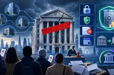 Illustration of a cracked stockbroker headquarters with a red administration band, frozen-account padlock, compensation shield and investors waiting outside