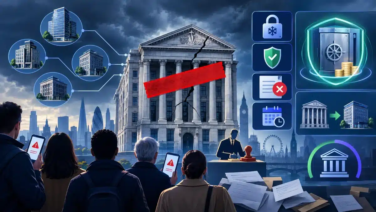 Jarvis Investment Management in Special Administration: What x-o and ShareDeal Active Clients Need to Know 4 Illustration of a cracked stockbroker headquarters with a red administration band, frozen-account padlock, compensation shield and investors waiting outside