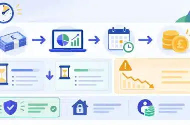 Flat illustration of a bundle of pound notes flowing into an investment portfolio, past a calendar, to a stack of pound coins, with hourglass cards, a falling-chart warning panel and ISA, Lifetime ISA and pension icons
