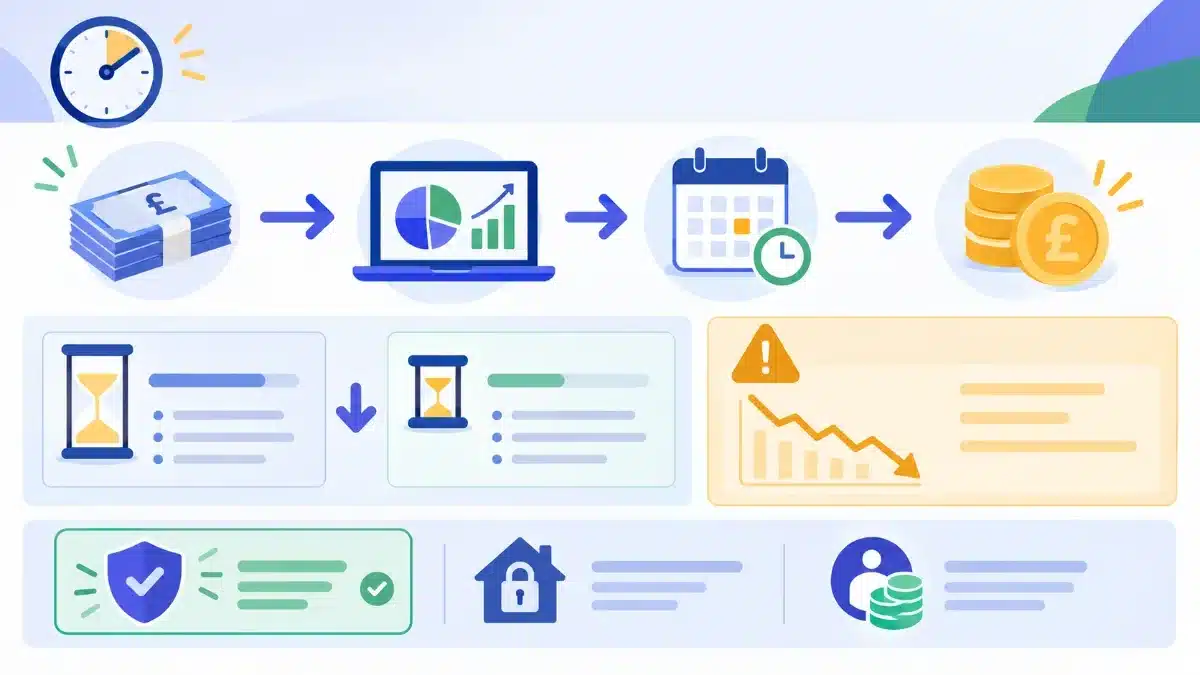 J.P. Morgan Personal Investing £100 Offer: What the New Chase Terms Change 4 Flat illustration of a bundle of pound notes flowing into an investment portfolio, past a calendar, to a stack of pound coins, with hourglass cards, a falling-chart warning panel and ISA, Lifetime ISA and pension icons