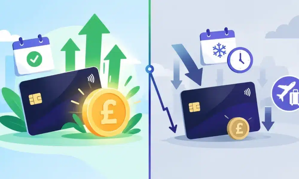 A dark credit card with rising green arrows and a large glowing pound coin on one side, and the same card with falling arrows, a small coin, a snowflake calendar and a travel icon on the other