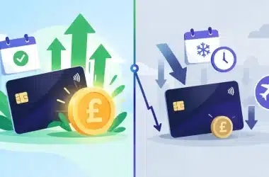 A dark credit card with rising green arrows and a large glowing pound coin on one side, and the same card with falling arrows, a small coin, a snowflake calendar and a travel icon on the other