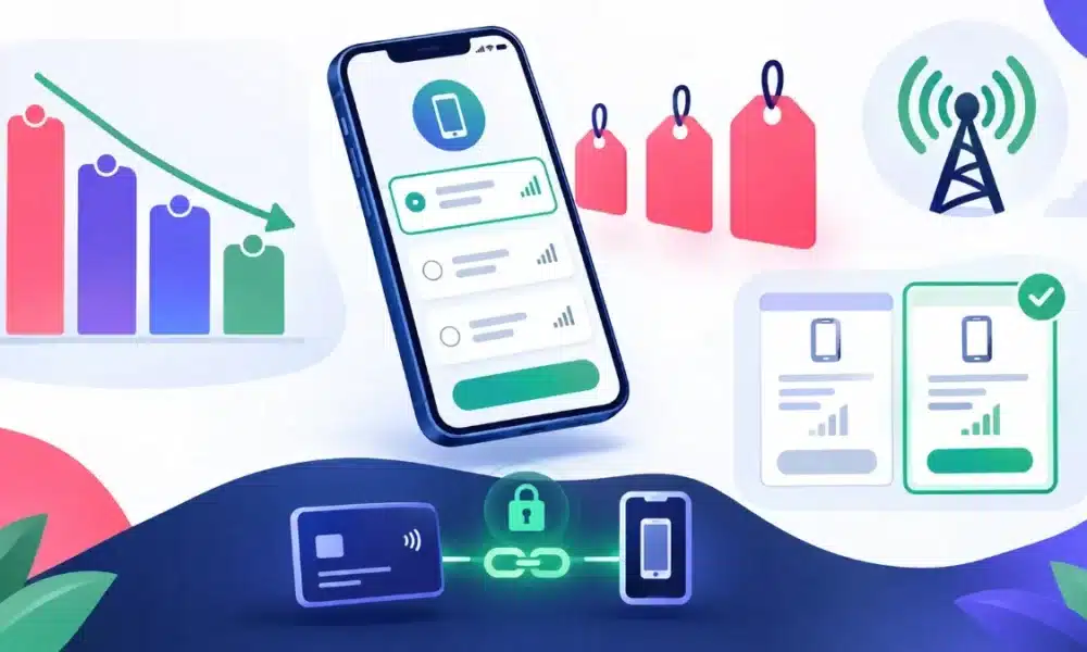 Illustration of a smartphone showing a mobile plan selection screen, with falling price bars, price tags, a signal mast and a bank card chained to the phone