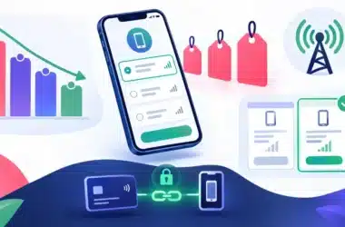 Illustration of a smartphone showing a mobile plan selection screen, with falling price bars, price tags, a signal mast and a bank card chained to the phone