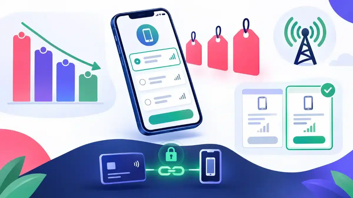 Monzo Mobile Review 2026: Prices, the O2 Network and the Bank-Account Catch 4 Illustration of a smartphone showing a mobile plan selection screen, with falling price bars, price tags, a signal mast and a bank card chained to the phone