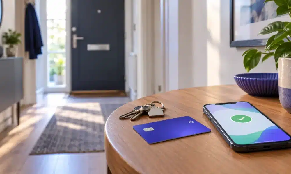 Keys, a contactless card and a phone showing a payment confirmation on a hallway table in a rented flat