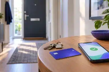 Keys, a contactless card and a phone showing a payment confirmation on a hallway table in a rented flat