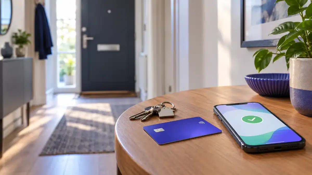 Payr Review 2026: Is Paying Rent by Credit Card Worth the 1.99% Fee? 4 Keys, a contactless card and a phone showing a payment confirmation on a hallway table in a rented flat