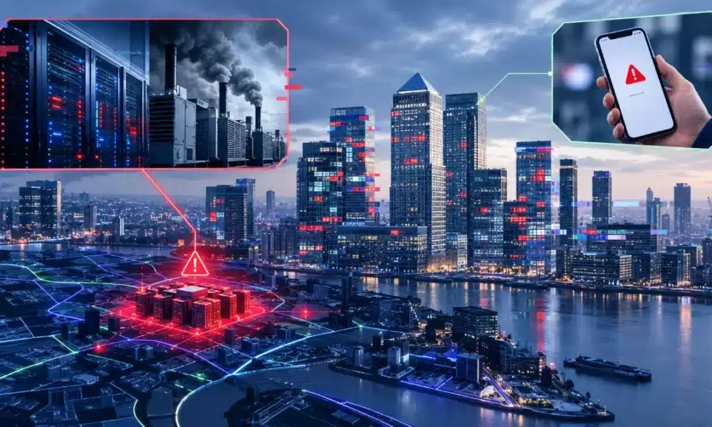 London financial district skyline with a failed data centre, smoking backup generators and a phone showing a payment error, illustrating the Google Cloud outage