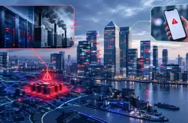 London financial district skyline with a failed data centre, smoking backup generators and a phone showing a payment error, illustrating the Google Cloud outage