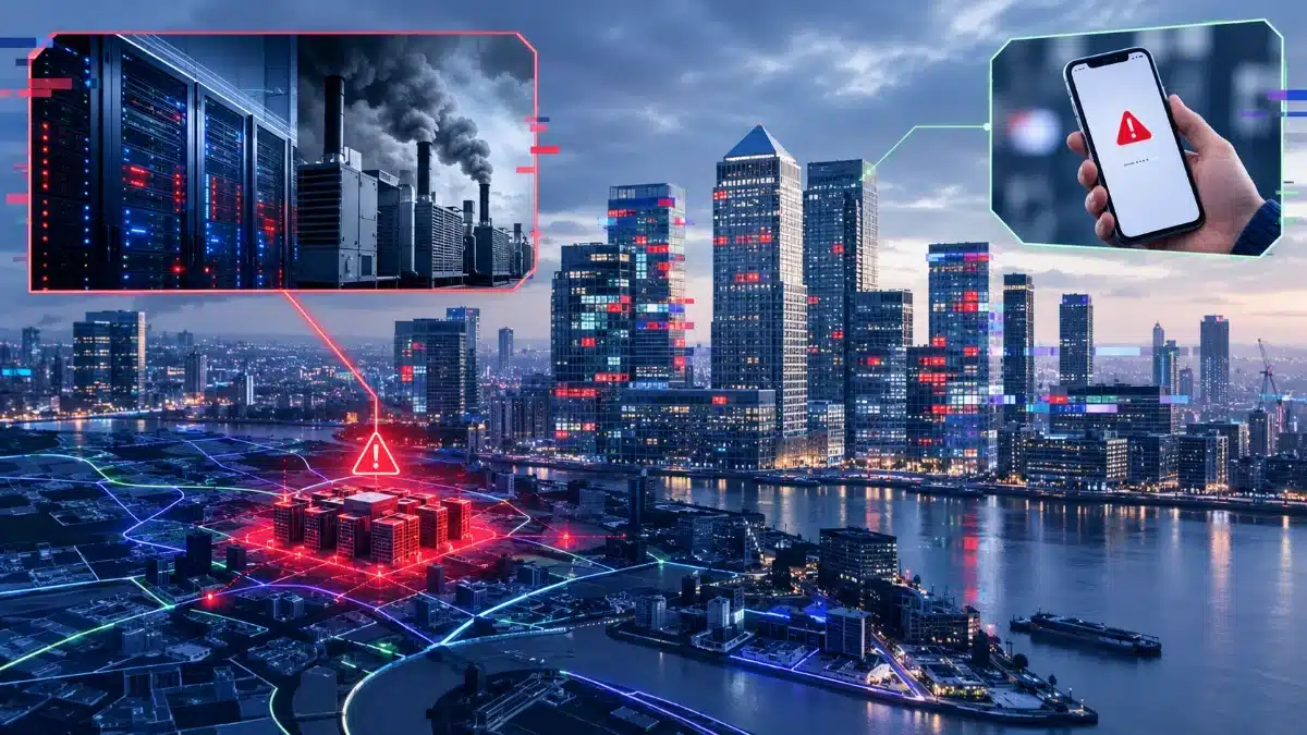 Google Cloud Outage: What Revolut, Lloyds and HSBC Customers Can Claim 4 London financial district skyline with a failed data centre, smoking backup generators and a phone showing a payment error, illustrating the Google Cloud outage