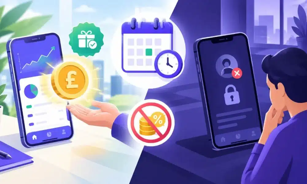 Illustration of one smartphone paying out a pound coin to an outstretched hand, next to a locked phone and a disappointed user, with calendar, clock and no-interest icons