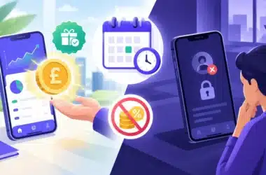Illustration of one smartphone paying out a pound coin to an outstretched hand, next to a locked phone and a disappointed user, with calendar, clock and no-interest icons