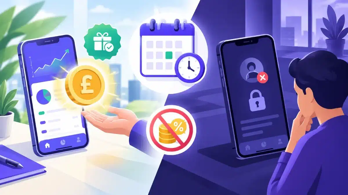 Scottish Widows App Review 2026: The £25 Share Dealing Offer and Who Misses Out 4 Illustration of one smartphone paying out a pound coin to an outstretched hand, next to a locked phone and a disappointed user, with calendar, clock and no-interest icons