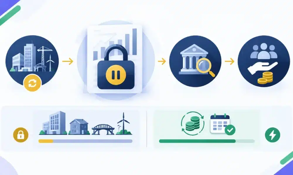 Illustration of a padlock with a pause symbol over a fund document, between icons for property and infrastructure assets, a regulator building under a magnifying glass and coins being returned to investors