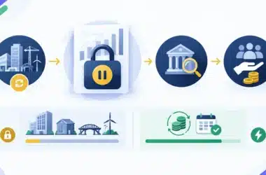 Illustration of a padlock with a pause symbol over a fund document, between icons for property and infrastructure assets, a regulator building under a magnifying glass and coins being returned to investors
