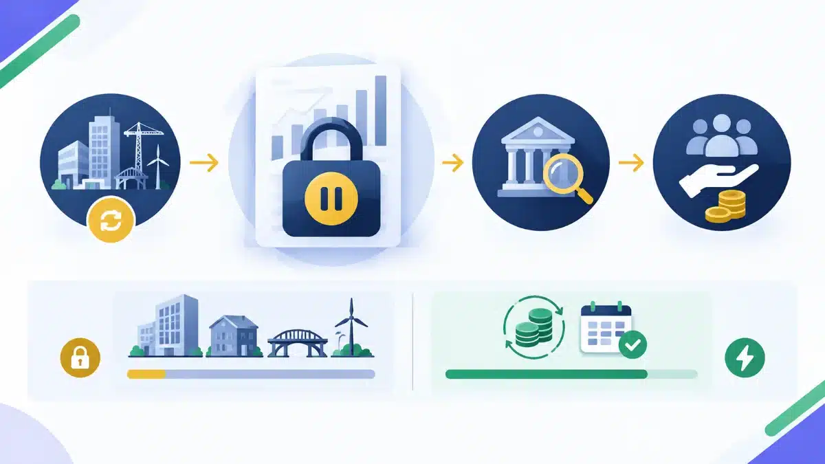 SJP Diversified Assets Fund Suspended: What Investors Can Expect and What to Ask 4 Illustration of a padlock with a pause symbol over a fund document, between icons for property and infrastructure assets, a regulator building under a magnifying glass and coins being returned to investors