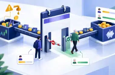 Isometric illustration of coins on a conveyor moving from an investment box to a cash savings box through a calendar gate, with a younger saver stopped at a barrier and an older saver walking through