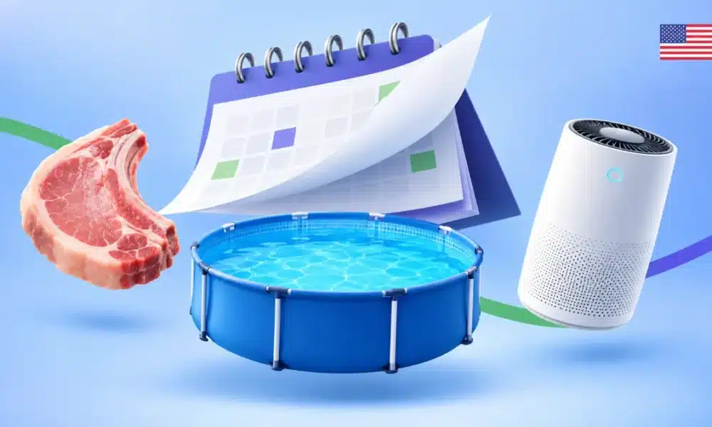 Illustration of a pork chop, an above-ground pool and an air purifier in front of a turning calendar page, for US class action settlement deadlines
