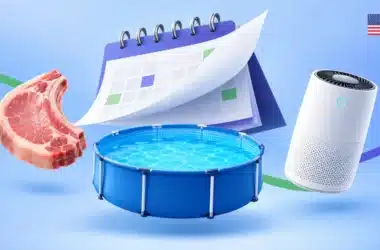 Illustration of a pork chop, an above-ground pool and an air purifier in front of a turning calendar page, for US class action settlement deadlines