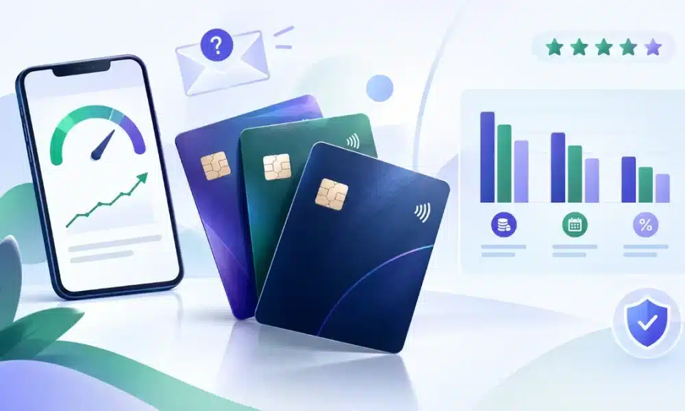 Three dark credit cards fanned out between a phone showing a rising credit score gauge and a bar chart comparing borrowing costs, with a question-mark envelope, a shield and a star rating