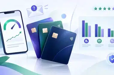 Three dark credit cards fanned out between a phone showing a rising credit score gauge and a bar chart comparing borrowing costs, with a question-mark envelope, a shield and a star rating